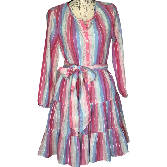 J Crew Women Pastel Pink Metallic Thread Cotton Belted Button Up Dress S - Picture 3 of 10